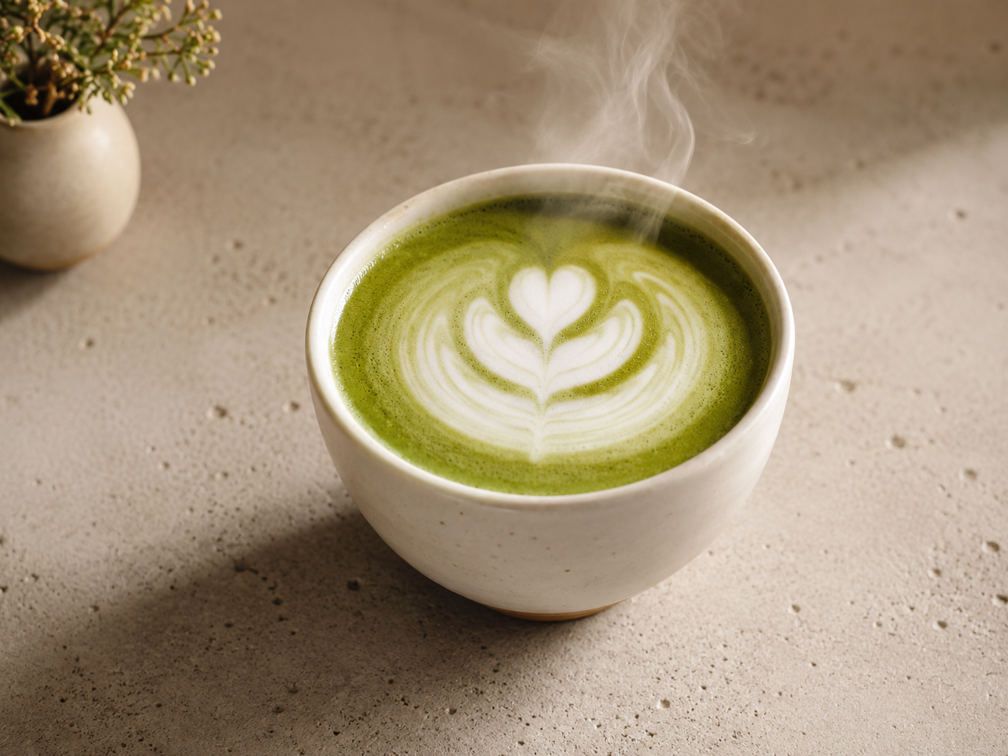 Matcha latte en taza blanca